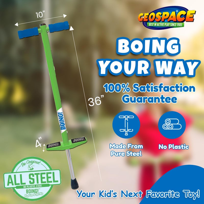 Geospace Jumparoo BOING! JR. Steel POGO STICK by Air Kicks, Small for Kids 50 to 90 Lbs - Active Play Outdoor Fun that Promotes Exercise & Balance Skills (Green) - Image 4